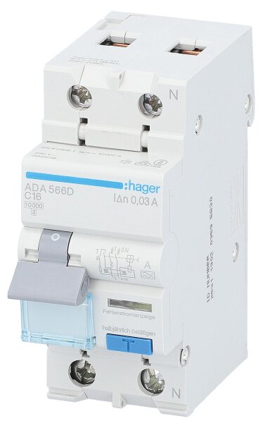 FI/LS-Schutzschalter Hager 1p+N,Typ A,C16A,30mA,10 kA, ADA566D