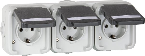 AP-Steckdose 3-fach PEHA IP44, Schuko, Beschriftung Waagrecht, D 6633 WAB NA