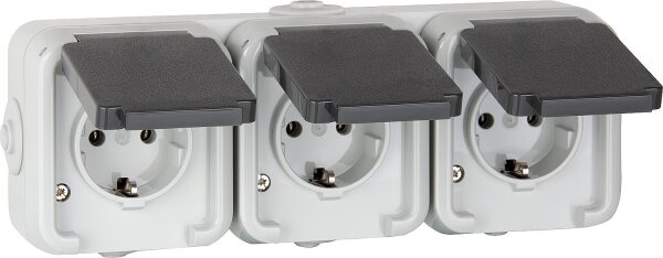 AP-Steckdose 3-fach PEHA IP44, Schuko, grau Waagrecht, D 6633 WAB