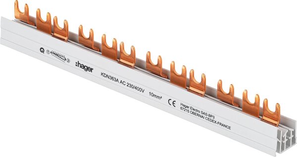 Hager Phasenschiene KDN363A (3P) 63A, 10mm², Länge: 210mm Schraubtechnik/ Quick Connect