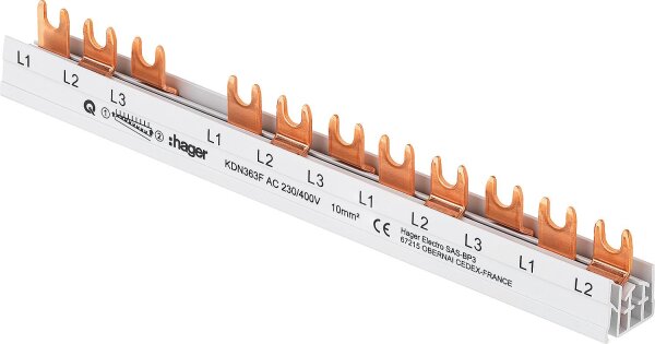 Hager Phasenschiene KDN363F (3P) 63A, 10mm², Länge: 210mm Schraubtechnik/ Quick Connect