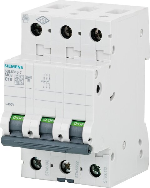 Leitungsschutzschalter Siemens, 6KA, 3-polig, C16A, 5SL6316-7