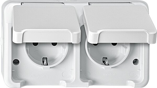 Schuko-Doppelsteckdose Aquastar Merten,IP44,AP,polarweiß,Berührungsschutz,1 Stück