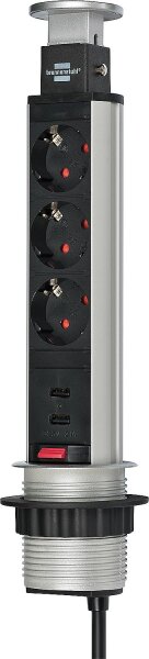 Einbausteckdosenleiste Tower Power 3-fach mit 2x USB-Ladeport