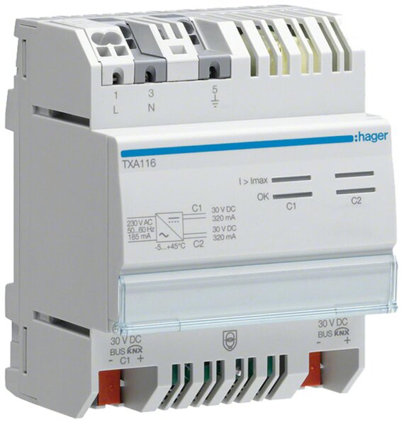 Hager Spannungsversorgung mit Ausgang und Drossel 2x320mA KNX REG TXA116