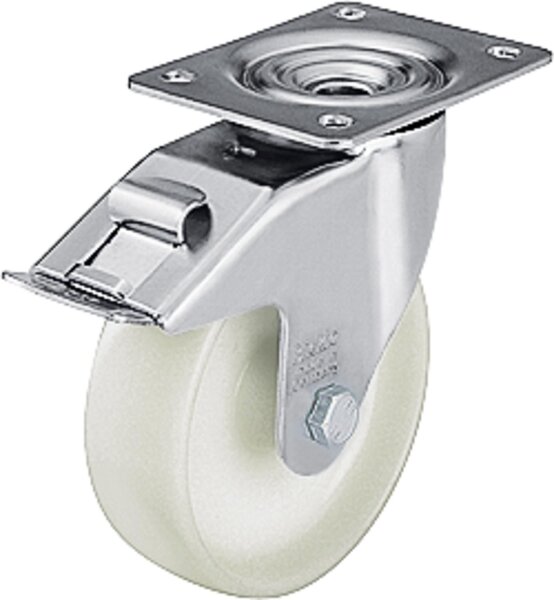 Lenkrolle Polyamid mit Feststeller LE-PO 150G-FI,Tragfähigkeit 300kg, Rad-Ø 150mm,Plattengröße 140x110mm