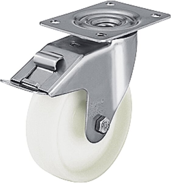 Lenkrolle Polyamid/Edelstahl/Feststeller LEX-PO 100G-FI,Tragfähigkeit 150kg, Rad-Ø 100mm,Plattengröße 100x85mm