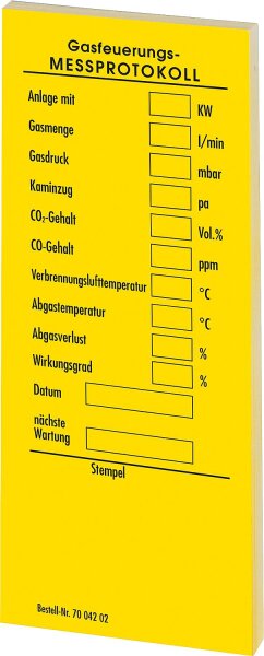 Messprotokoll selbstklebende Kessel- aufkleber, für Gas, gelb 1 Block á 50 Stck.