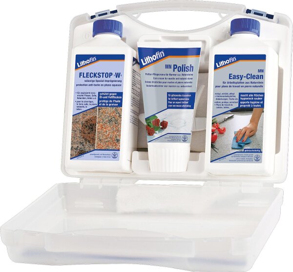 LITHOFIN Pflegeset für Arbeitsplatten aus poliertem Naturstein (3-teilig: Fleckstop >W<, MN Polish & MN Easy-Clean), 1 Set