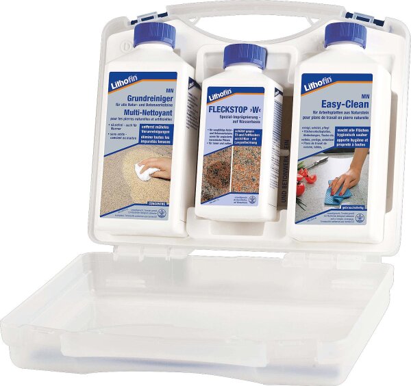 LITHOFIN Pflegeset 1 für alle Arbeitsplatten aus Naturstein (3-teilig: MN Grundreiniger, Fleckstop >W< & MN Easy-Clean), 1 Set