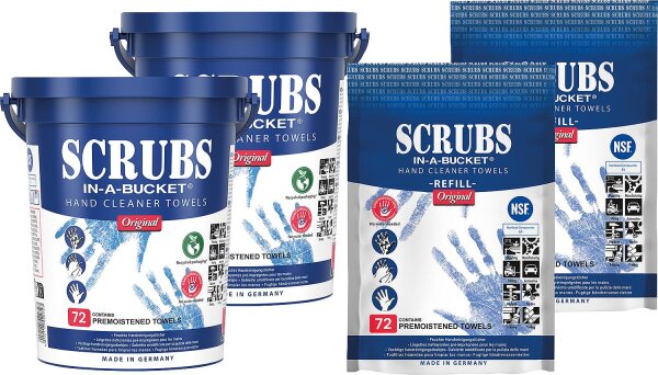 Handreinigungstücher SCRUBS Set, 2xScrubs 72 Eimer, 2xNachfüllpack 72 Tücher
