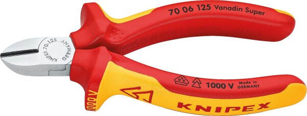 Seitenschneider verchromt isoliert VDE mit zweifarbigen Mehrkomponenten Griffhüllen Länge 125mm mit Facette