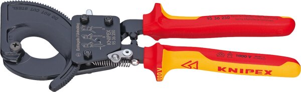 Kabelschneider Ratschenprinzip lackiert isoliert mit zweifarbigen VDE Mehrkomponenten-Griffhüllen 250mm