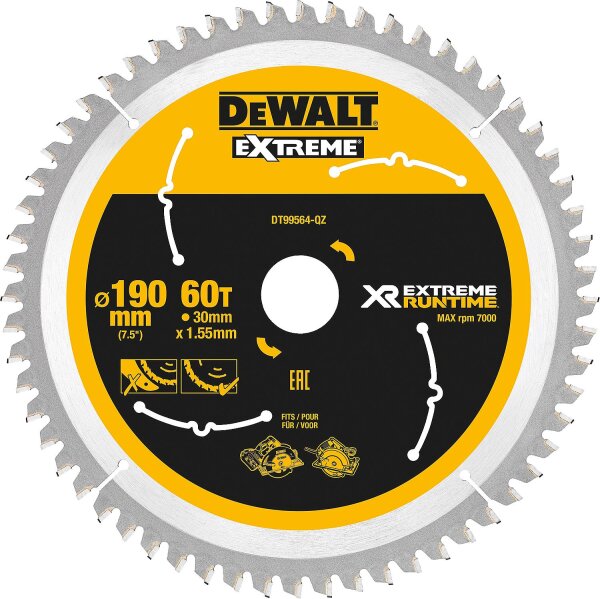 Kreissägeblatt DeWalt, DT99564 XR Extreme Runtime 60Z 190/30mm f. Handkreissäge