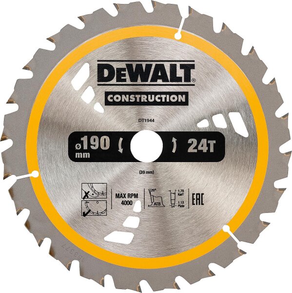 Kreissägeblatt Ø 190 x 30 mm mit 24 Wechselzähnen, passend zu DeWalt DWE575K