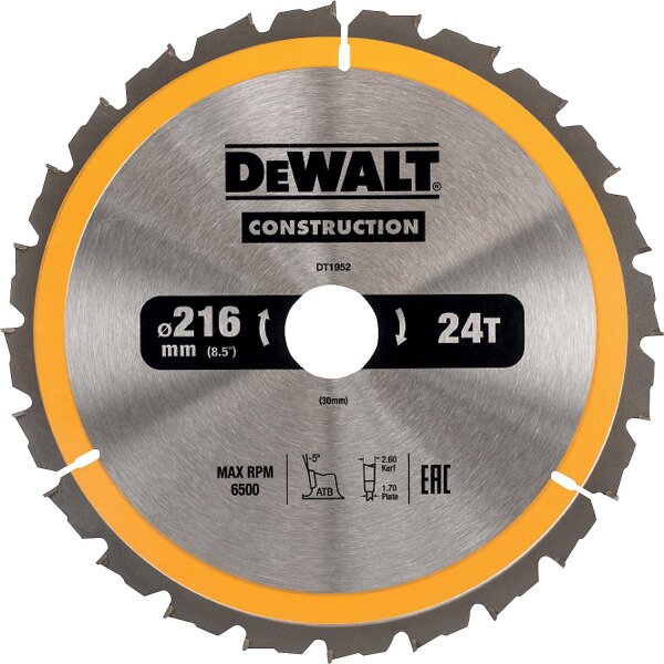 Kreissägeblatt Ø 216x30mm mit 24 Wechselzähnen, passend zu DeWalt DWS773