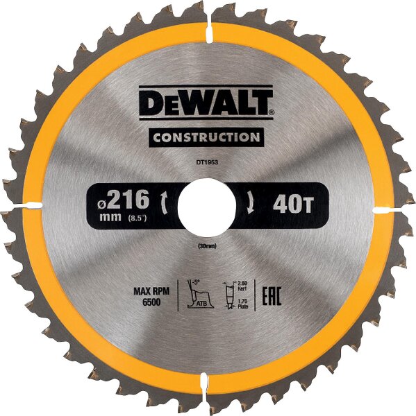 Kreissägeblatt Ø 216x30mm mit 40 Wechselzähnen, passend zu DeWalt DWS773