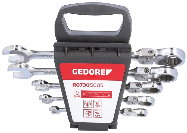 Ringratschenschlüsselset GEDORE red 5-teilig mit Gelenk SW 8-19 mm, nicht umschaltbar