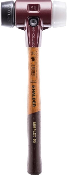 SIMPLEX-Schonhammer HALDER® mit Tempergussgehäuse und Holzstiel m. Gummi- und Plastikeinsatz Ø 50 mm