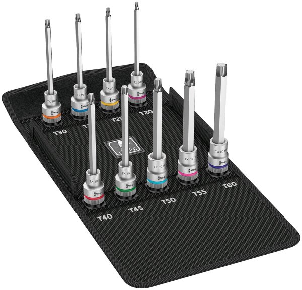 Satz Steckschlüsseleinsatz WERA 9-teilig, 1/2", TORX® mit Halte- funktion, T20-60, lang