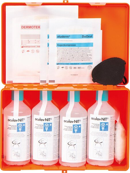 Oculav-Nit-Box mit 4 Flaschen Oculav-Nit Sterillösung und Soforttest f. Augenverletzung