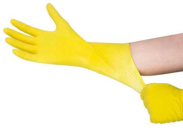 Reinigungshandschuh Natur-Latex, lebensmittelecht, M 30 cm lang, gelb / VPE 12 Paar