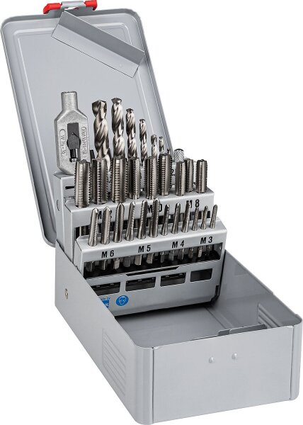 Handgewindebohrersatz 15 teilig, mit Gewindebohrern M 3 - M 12 mit Spiralbohrer in Stahlblechkassette