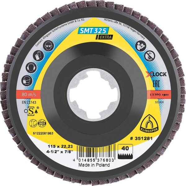 Lamellenschleifteller KLINGSPOR SMT 325 EXTRA X-LOCK 125 x 22,23 mm, Korn 80, gerade
