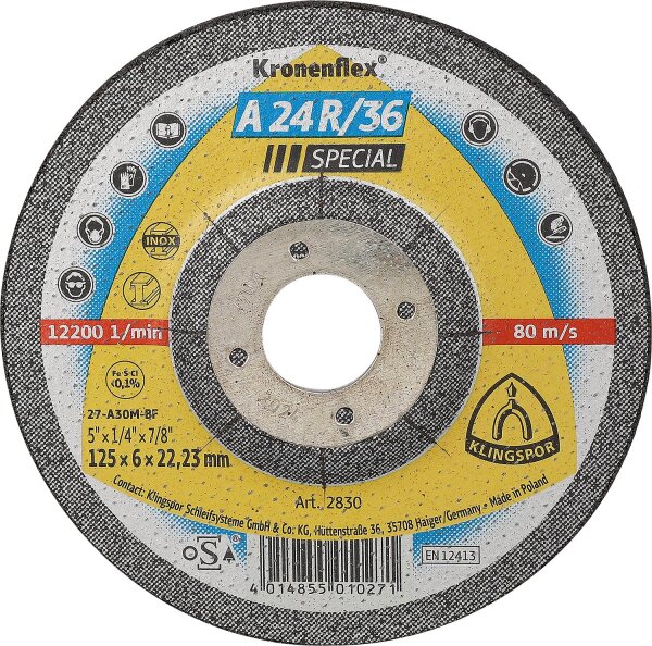 Schruppscheibe KLINGSPOR A 24 R/36 SPECIAL 125 x 6,0 x 22,23 mm, gekröpft
