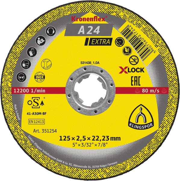 Schruppscheibe KLINGSPOR A 24 EXTRA X-LOCK 115 x 6,0 x 22,23 mm, gekröpft