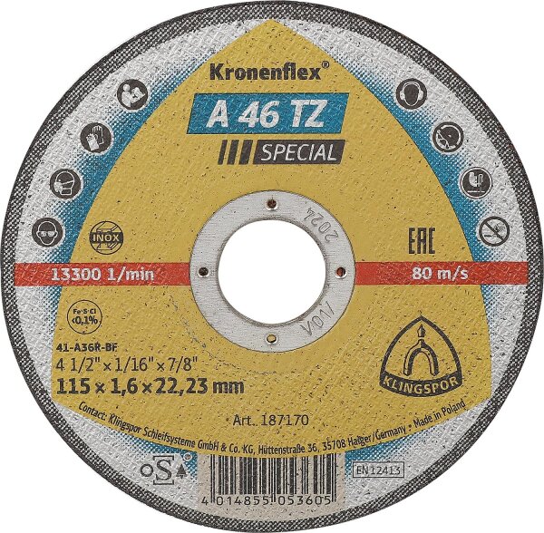 Trennscheibe KLINGSPOR A 46 TZ SPECIAL INOX 115 x 1,6 x 22,23 mm