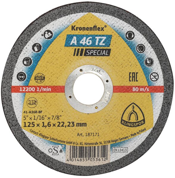 Trennscheibe KLINGSPOR A 46 TZ SPECIAL INOX 125 x 1,6 x 22,23 mm