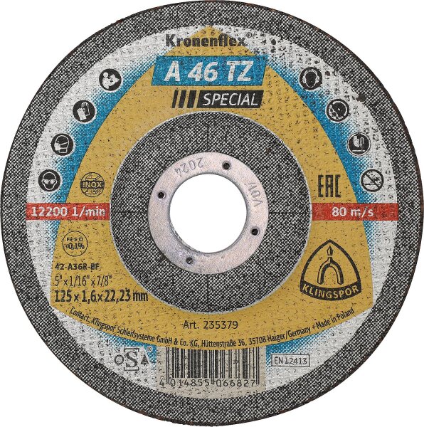 Trennscheibe KLINGSPOR A 46 TZ SPECIAL gekröpft 125 x 1,6 x 22,23 mm