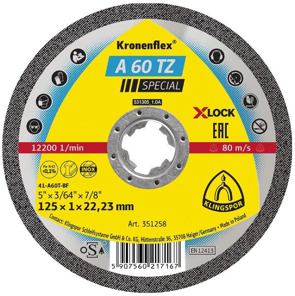 Trennscheibe KLINGSPOR A 60 TZ SPECIAL X-LOCK 125 x 1,0 x 22,23 mm