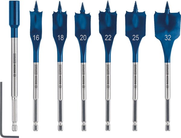 Flachfräsbohrer BOSCH 7-teilig Expert SELFCUT Ø 16/18/20/22/25/32mm, Länge 152 mm mit 1/4" Sechskantaufnahme