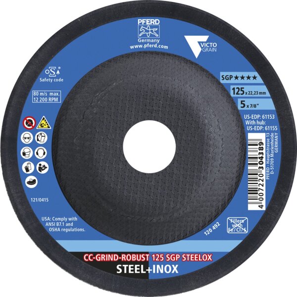 Schleifscheibe Pferd SGP, Ø 125 x 22,23, für Stahl/Edelstahl