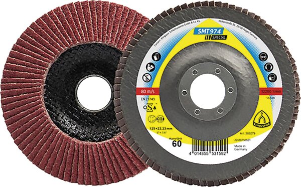 Lamellenschleifteller KLINGSPOR SMT 974 SPECIAL CEVOLUTION 125 x 22,23 mm, Korn 80, gekröpft