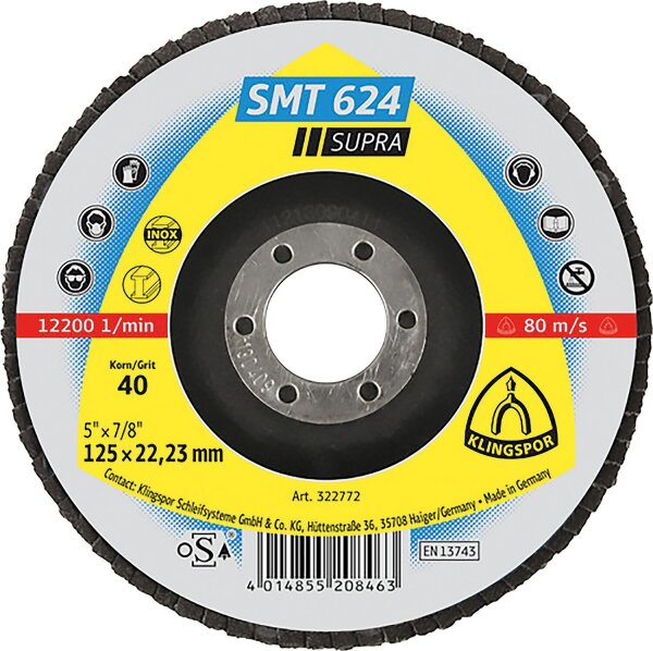 Lamellenschleifteller Klingspor SMT 624 SUPRA K40, 125 x 22,23 mm, Korn 40, gekröpft