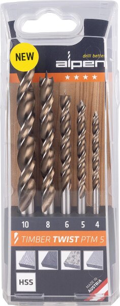 Holzspiralbohrer-Set Alpen Timber Twist HSS, 5-teilig, Ø 4/5/6/8/10 mm