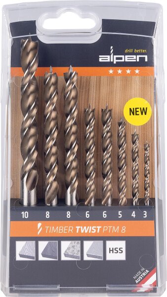 Holzspiralbohrer-Set Alpen Timber Twist HSS, 8-teilig, 3/4/5/2x6/2x8/10 mm