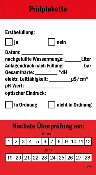 Heizungswasser-Prüfplaketten Box(64x108mm) mit 12 Aufklebern