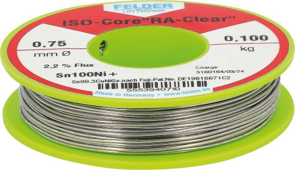 Elektronik-Lötdraht, ISO-Core "RA-Clear", Sn100Ni+, 2,2 % Flussmittelanteil, 0,75 mm, 0,100 kg