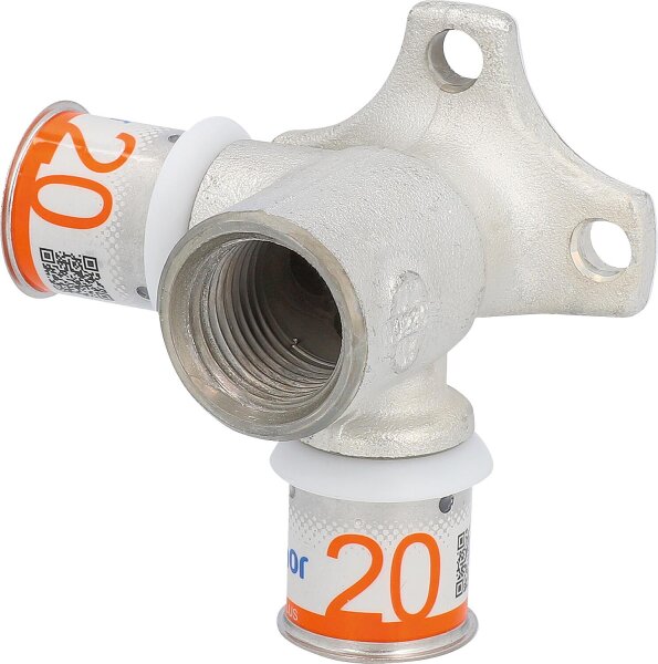 Uponor S-Press PLUS Doppel-Wandscheibe 90° L lang Ø16mm-DN15 (1/2")-Ø16mm IG