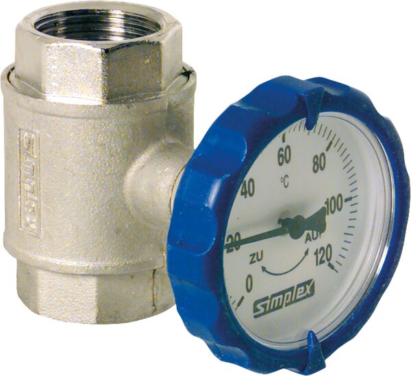 Kugelhahn Muffenausführung Typ M integrierter Thermometer Ø 63 mm rund 11/4" in Blau