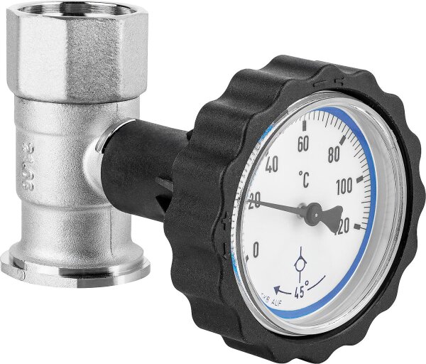 RL-Pumpenflanschkugelhahn 11/4" mit Thermometerhandgriff blau und Schwerkraftbremse
