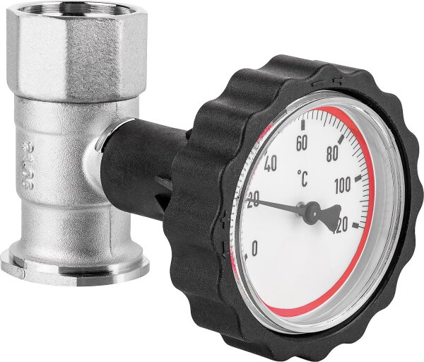 VL-Pumpenflanschkugelhahn 11/4" mit Thermometerhandgriff rot vernickelt