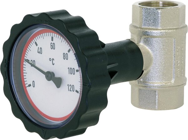 Kugelhahn 11/4" IGxIG mit Thermometerhandrad rot vernickelt