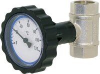 Kugelhahn 11/4" IGxIG mit Thermometerhandrad rot vernickelt