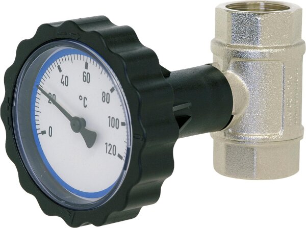 Kugelhahn 3/4"  IGxIG mit Thermometerhandrad blau vernickelt