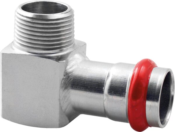 C-Stahl Pressfitting V-Kontur Übergangwinkel mit Abgang AG 15 mm x DN 10 (3/8")
